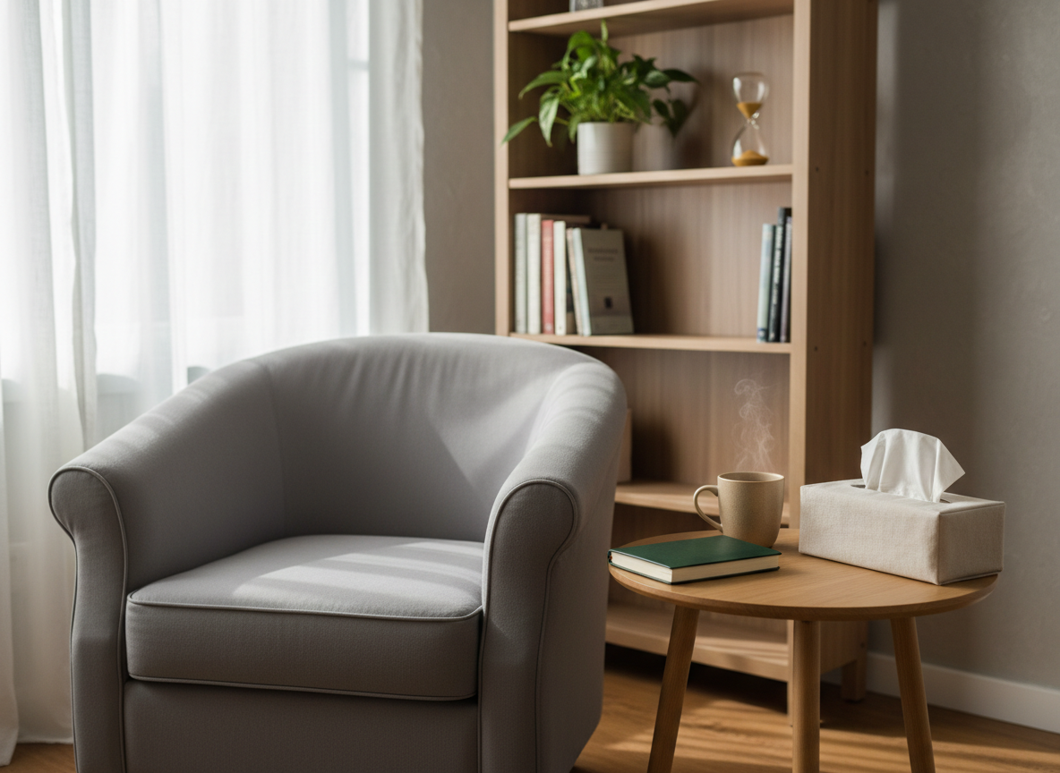 A neatly arranged therapy office corner without any people, featuring a soft gray upholstered armchair and a small light-oak side table holding a closed journal, a ceramic mug of herbal tea, and a box of tissues in a simple linen cover. Behind, a tall bookshelf displays a few carefully chosen psychology books, a leafy green plant, and a sand timer. Gentle late-morning natural light filters through sheer white curtains, casting soft shadows and a calm glow across the room. Photographic realism, shot at eye level with a shallow depth of field, keeping the chair and table in crisp focus while the background softly blurs, creating a tranquil, professional, and inviting atmosphere suitable for a therapy website hero image.