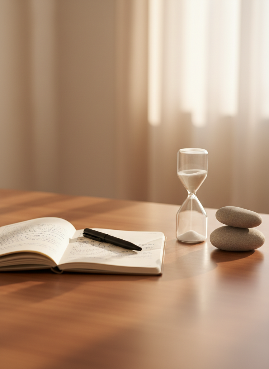A close-up, photographic realism image of a smooth wooden desk in a therapist’s office, free of any people, with an open, cream-colored notebook filled with neatly spaced, partially written notes, a matte-black pen resting across the page. To one side sits a minimalist sand timer with fine white sand mid-flow, and a small, understated stone sculpture symbolizing balance. The background shows a blurred, softly lit wall with a subtle gradient from natural window light. Warm, diffused lighting creates gentle reflections on the desk surface and a focused, introspective mood. Shot from a slightly elevated angle, using shallow depth of field to emphasize the tools of reflection and support in therapy.