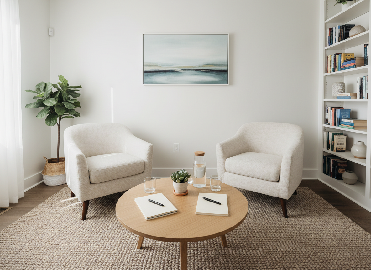 A wide, panoramic view of a serene counseling room with no people, showcasing two matching armchairs facing each other with a low wooden coffee table between them. On the table rests a small potted succulent, a glass carafe of water with two empty glasses, and a neatly stacked pair of notepads with pens. The walls are painted a soft, warm white with one framed abstract artwork in muted blues and greens. Natural afternoon light pours in from a large, unseen window, illuminating the space with a gentle, even brightness. Photographic realism, eye-level composition with sharp focus throughout, conveying calm, balance, and a professional yet welcoming ambiance.